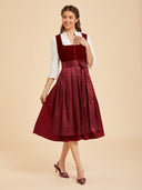 Burgundy Red Midi Dirndl Dress with Tonal Jacquard Apron