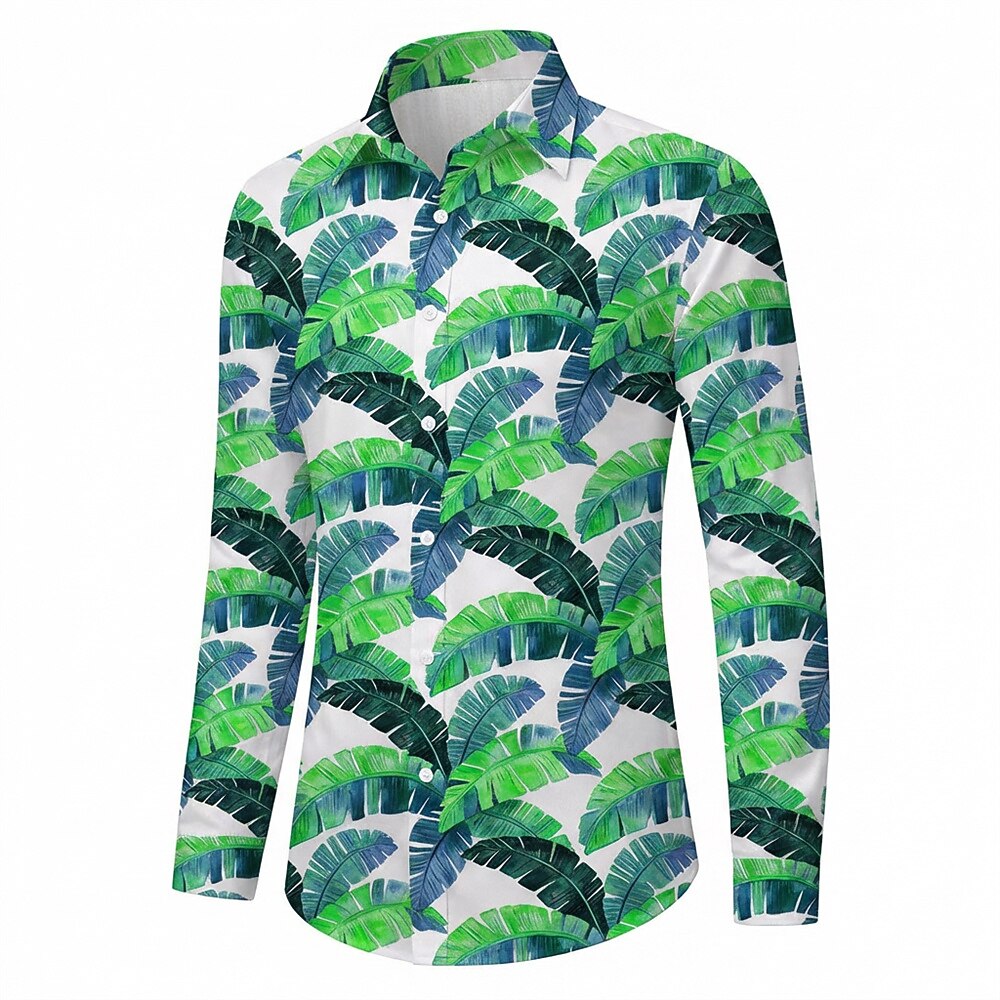 Retro 70S Tropical Banana Leaf Pattern Long Sleeves Collar Shirt