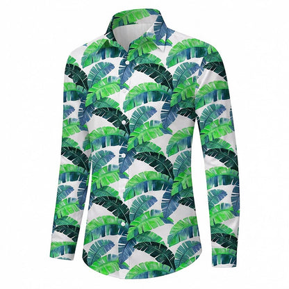 Retro 70S Tropical Banana Leaf Pattern Long Sleeves Collar Shirt