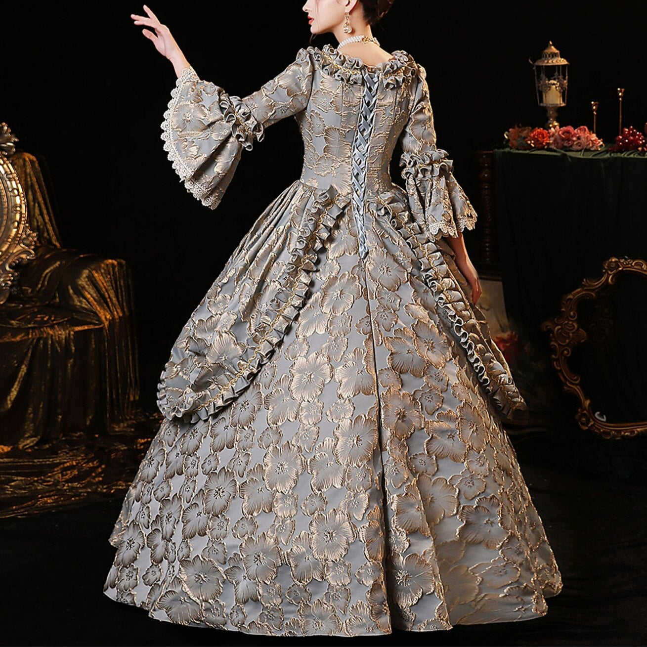 Rococo Floral Brocade Style Gown Robe à la Française - Retrorobe