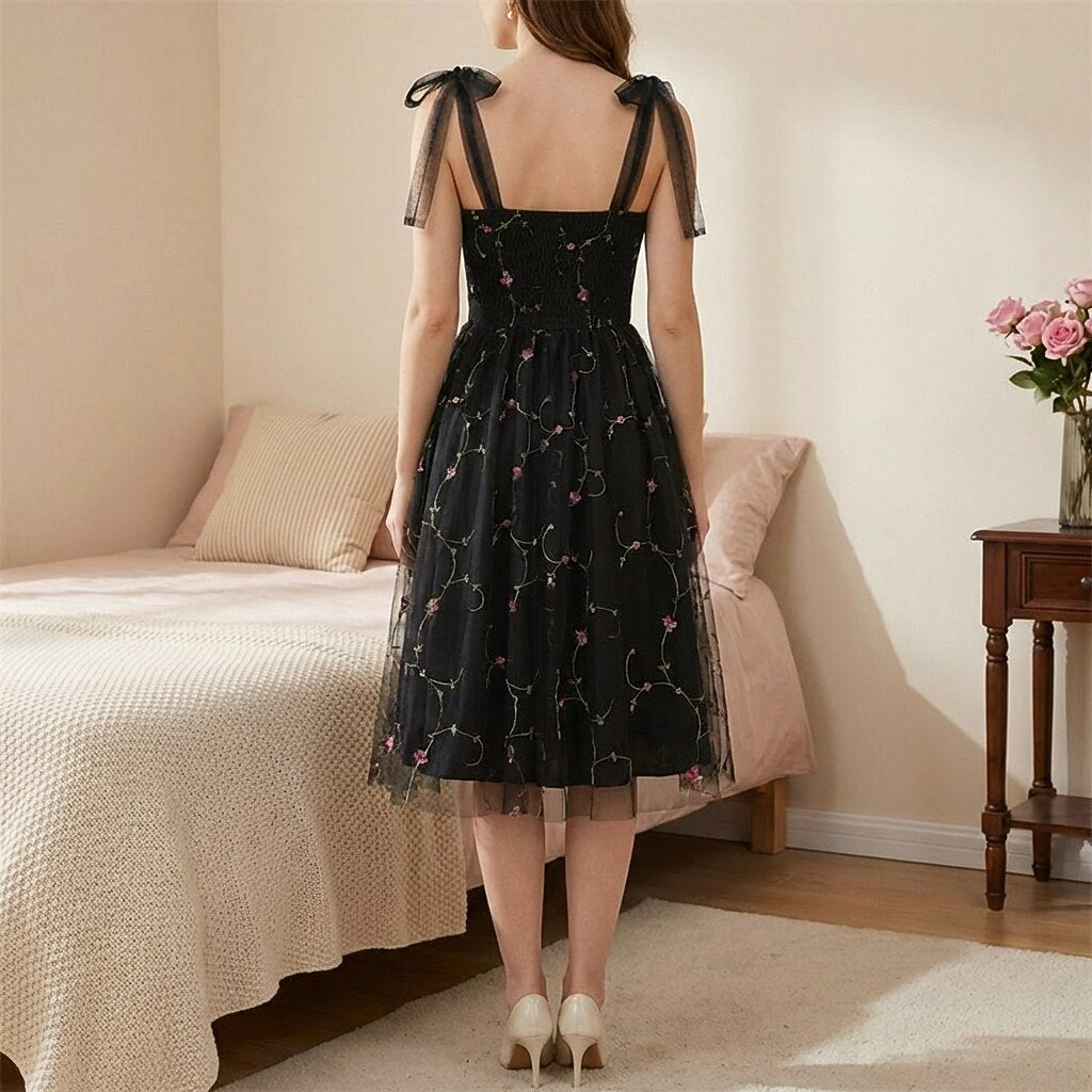 Embroidered Tie Strap Midi Dress