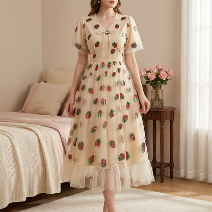 Strawberry Embroidered Mesh Midi Dress