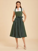 Vestido dirndl verde sólido para mujer con delantal brillante con lazo