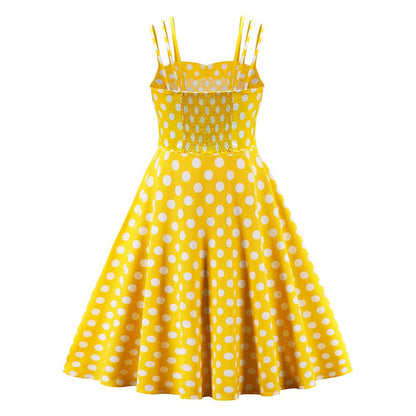 Women's 1950s Polka Dot Spaghetti Strap Bow A-Line Rockabilly Dress
