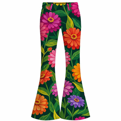 Retro 70s Bold Floral Print High Waist Wide Flared Trousers