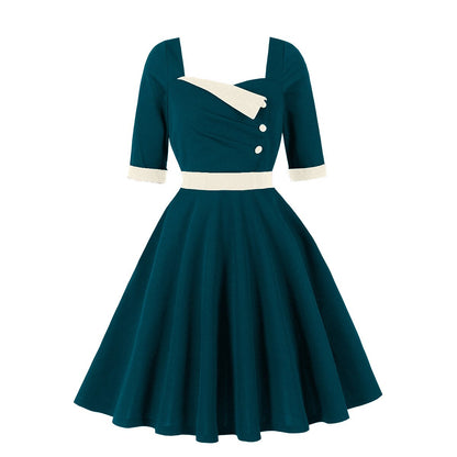 Women's 1950s Contrast Sweetheart Neck Half Sleeve A-Line Dress