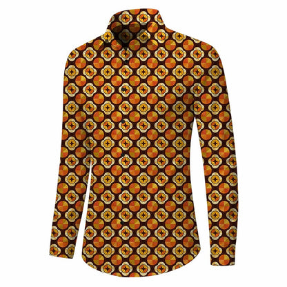 Retro 70S Vintage Geometric Circle Motif Long Sleeves Collar Shirt