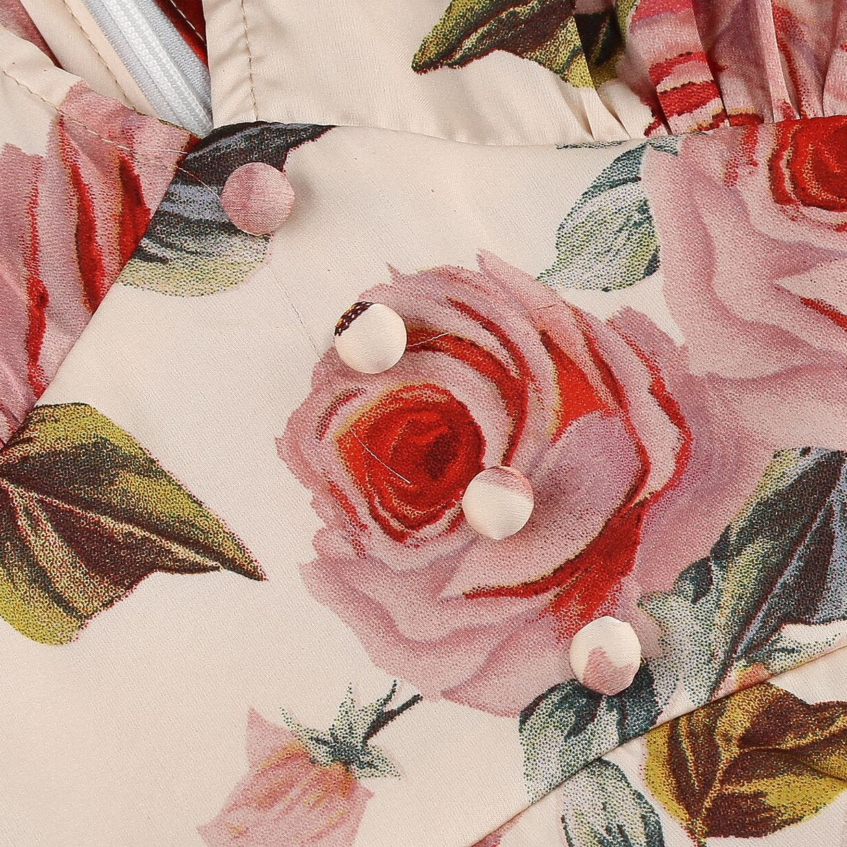 Women's 1950s Pink Rose Floral V-Neck Long Sleeve Flare Dress