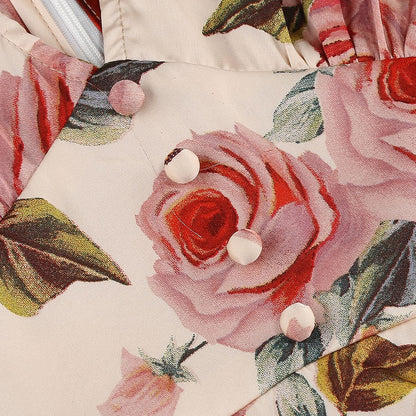 Women's 1950s Pink Rose Floral V-Neck Long Sleeve Flare Dress