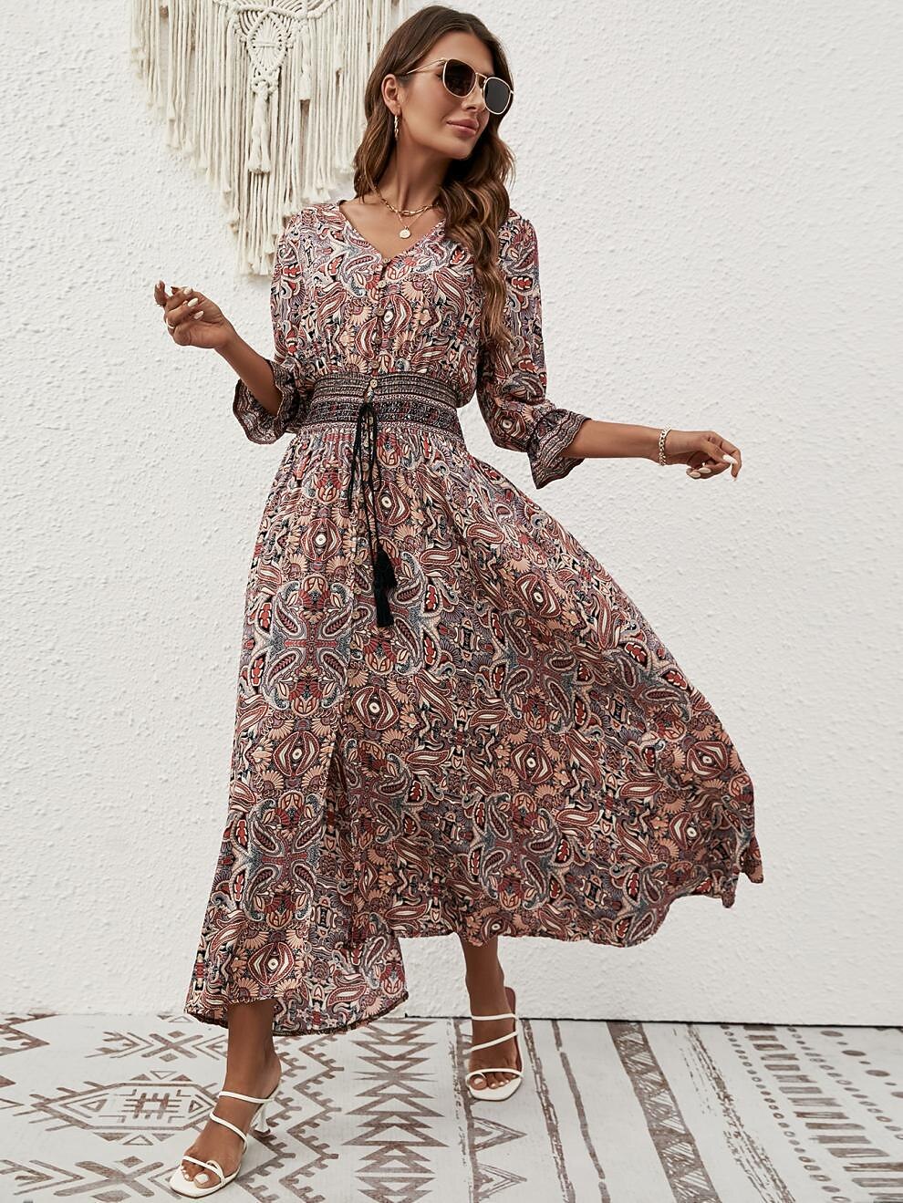 Retro 70s Bohemian Paisley V-neck Smocked Waist Midi Dress