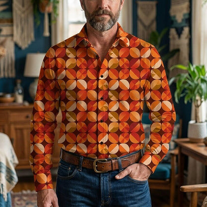 Retro 70S Geometric Citrus Slice Pattern Long Sleeves Collar Shirt