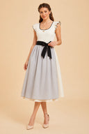 Damen Oktoberfest elfenbeinfarbenes Midi-Dirndl mit schwarzer Schleifen-Taille  