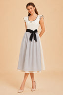 Damen Oktoberfest elfenbeinfarbenes Midi-Dirndl mit schwarzer Schleifen-Taille  