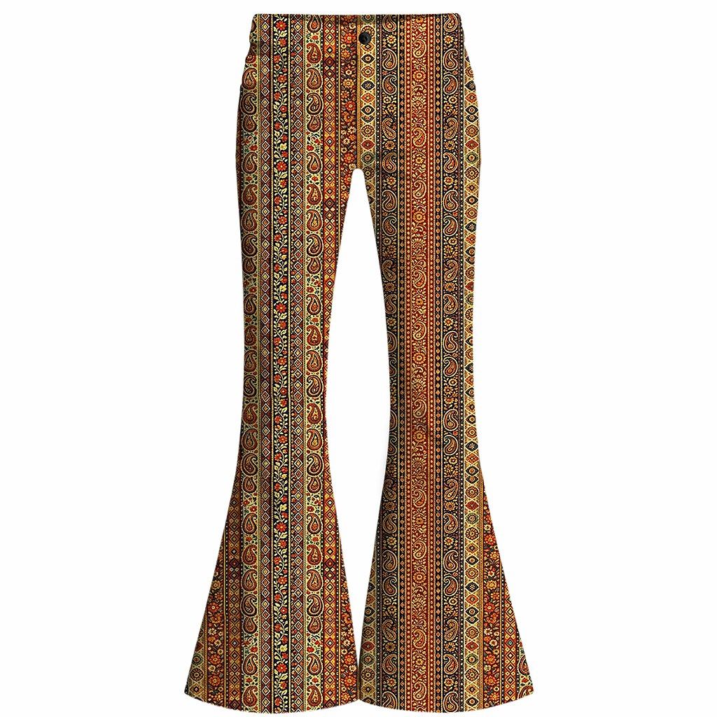 Retro 70s Boho Paisley Stripe High Waist Wide Flared Trousers