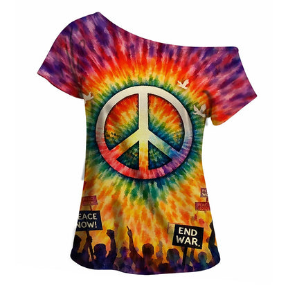Retro 70s Peace Symbol Tie-Dye One Shoulder Short Sleeves T-shirt