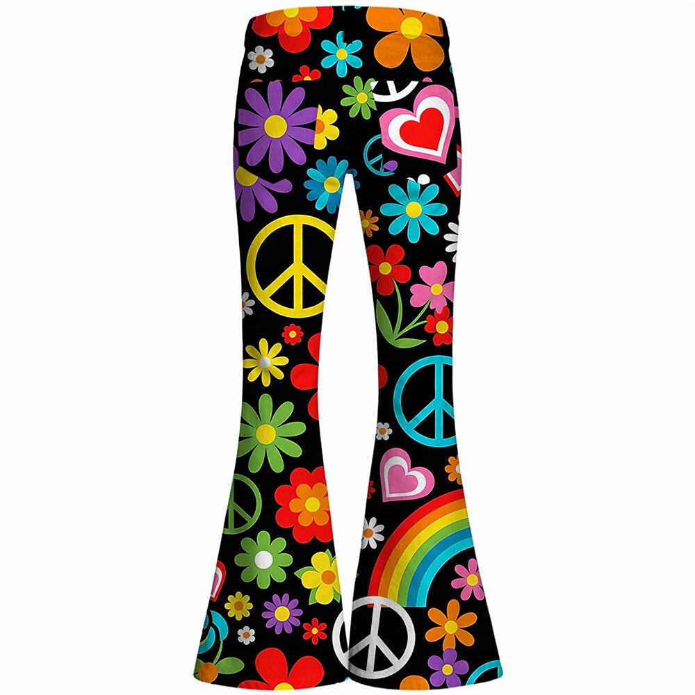 Retro 70s Floral Peace Sign Rainbow High Waist Wide Flared Trousers