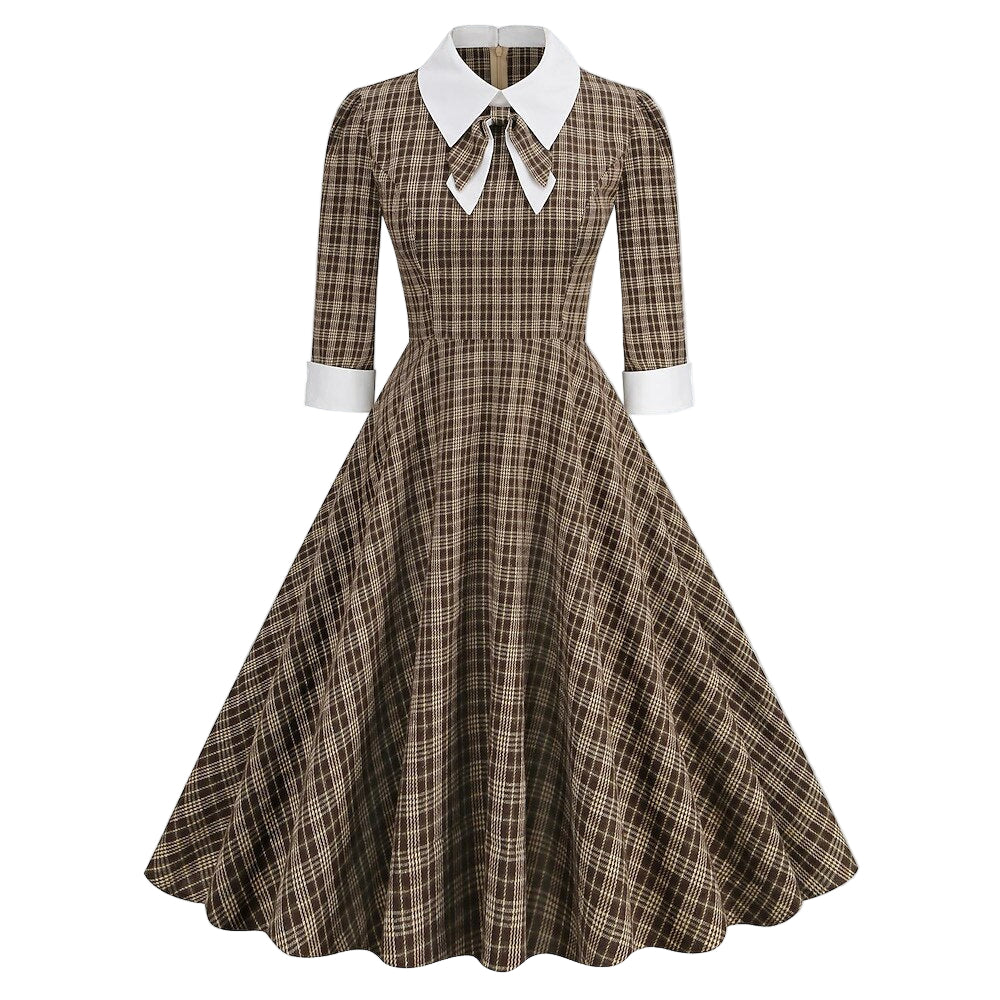 Women's 1950s Plaid Checkered Long Sleeve Swing Dress