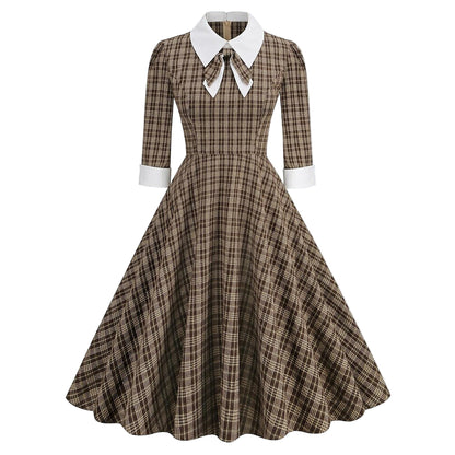 Women's 1950s Plaid Checkered Long Sleeve Swing Dress