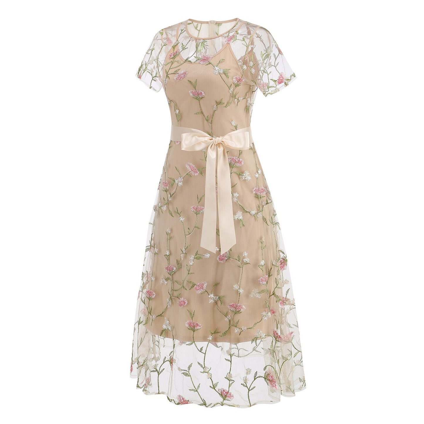 Floral Embroidered Mesh Midi Dress