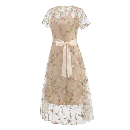 Floral Embroidered Mesh Midi Dress