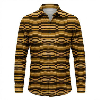 Retro 70S Wavy Geometric Stripe Pattern Long Sleeves Collar Shirt