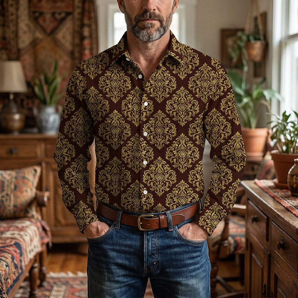 Retro 70S Vintage Ornate Damask Pattern Long Sleeves Collar Shirt