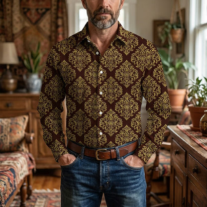 Retro 70S Vintage Ornate Damask Pattern Long Sleeves Collar Shirt