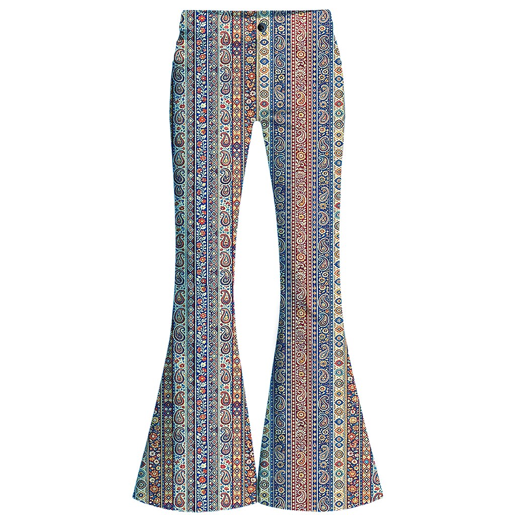 Retro 70s Boho Paisley Stripe High Waist Wide Flared Trousers
