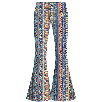 Retro 70s Boho Paisley Stripe High Waist Wide Flared Trousers
