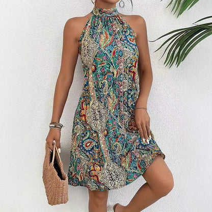 Retro 70s Bohemian Paisley Halter Neck A-line Dress