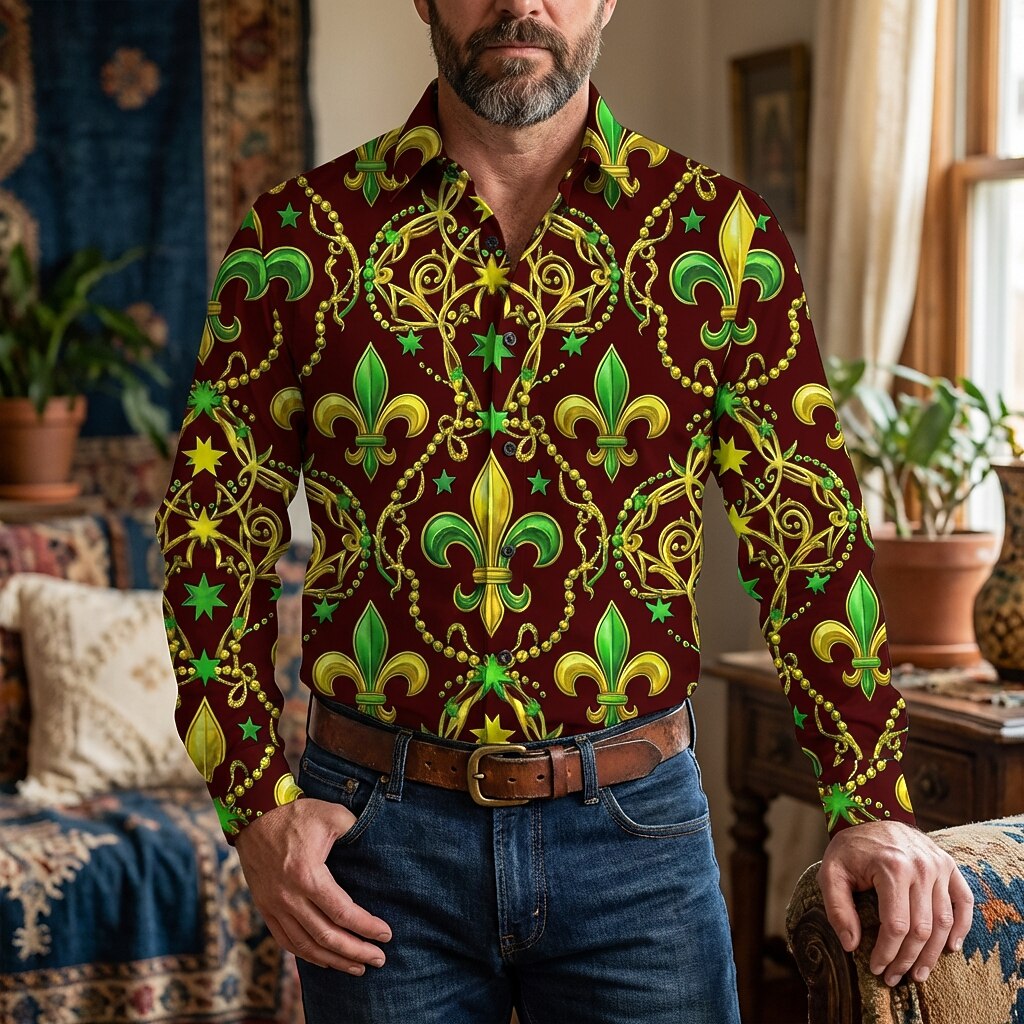 Retro 70S Fleur-de-lis Pattern Long Sleeves Collar Shirt