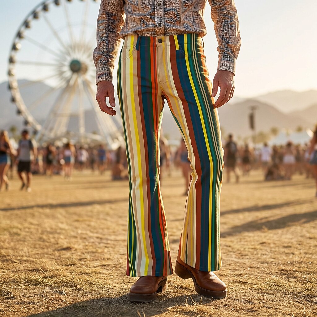 Retro 70s Colorful Stripes High Waist Wide Flared Trousers