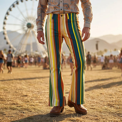 Retro 70s Colorful Stripes High Waist Wide Flared Trousers