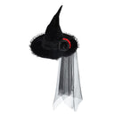 Spitzer Halloween-Hexenhut mit rotem Rosenschleier für Damen