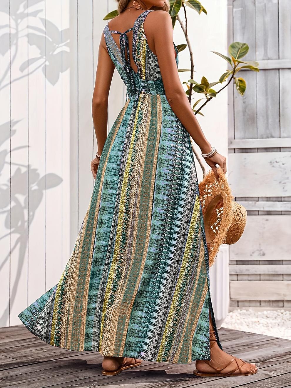 Retro 70s Bohemian Ethnic V-neck Empire Waist Flowy Maxi Dress