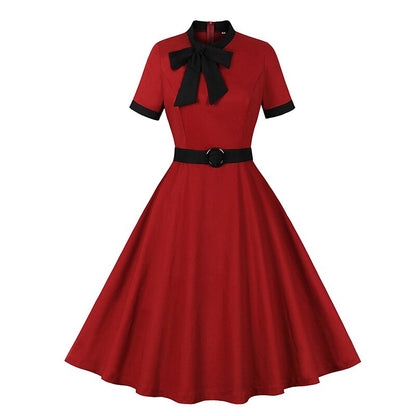 Women's 1950s Red Bow Tie Neck Short Sleeve Swing Dress