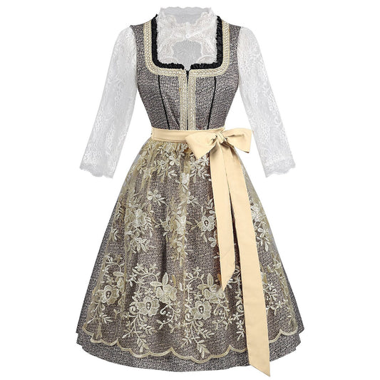 Oktoberfest Grey Dirndl Dress with Lace Apron and Blouse