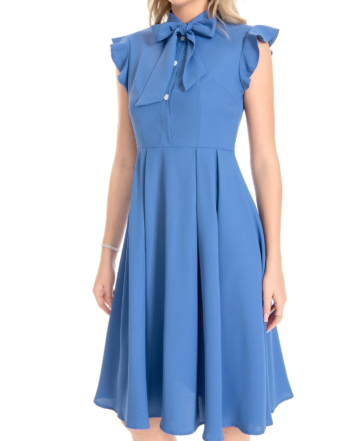 Women's 1950s Bow Tie Neck Ruffle Cap Sleeve Pleated Swing Dress
