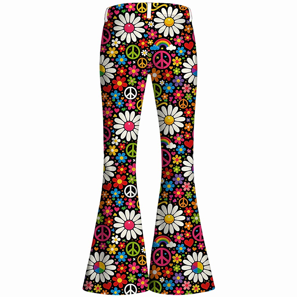 Retro 70s Peace Sign Floral High Waist Wide Flared Trousers
