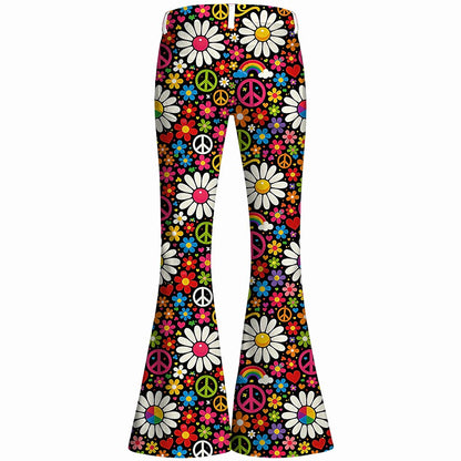 Retro 70s Peace Sign Floral High Waist Wide Flared Trousers