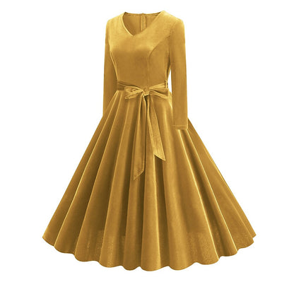 Women's 1950s Velvet V-Neck Long Sleeve Swing Dress