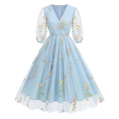 Floral Embroidered V-Neck Midi Dress