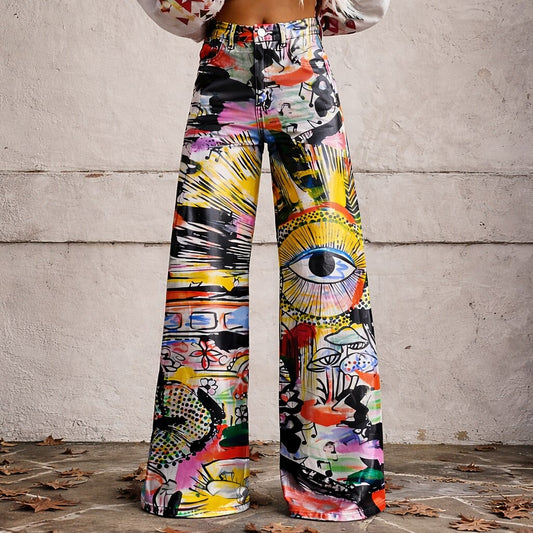 Retro 70s Pop Art High Waist Wide Flared Trousers