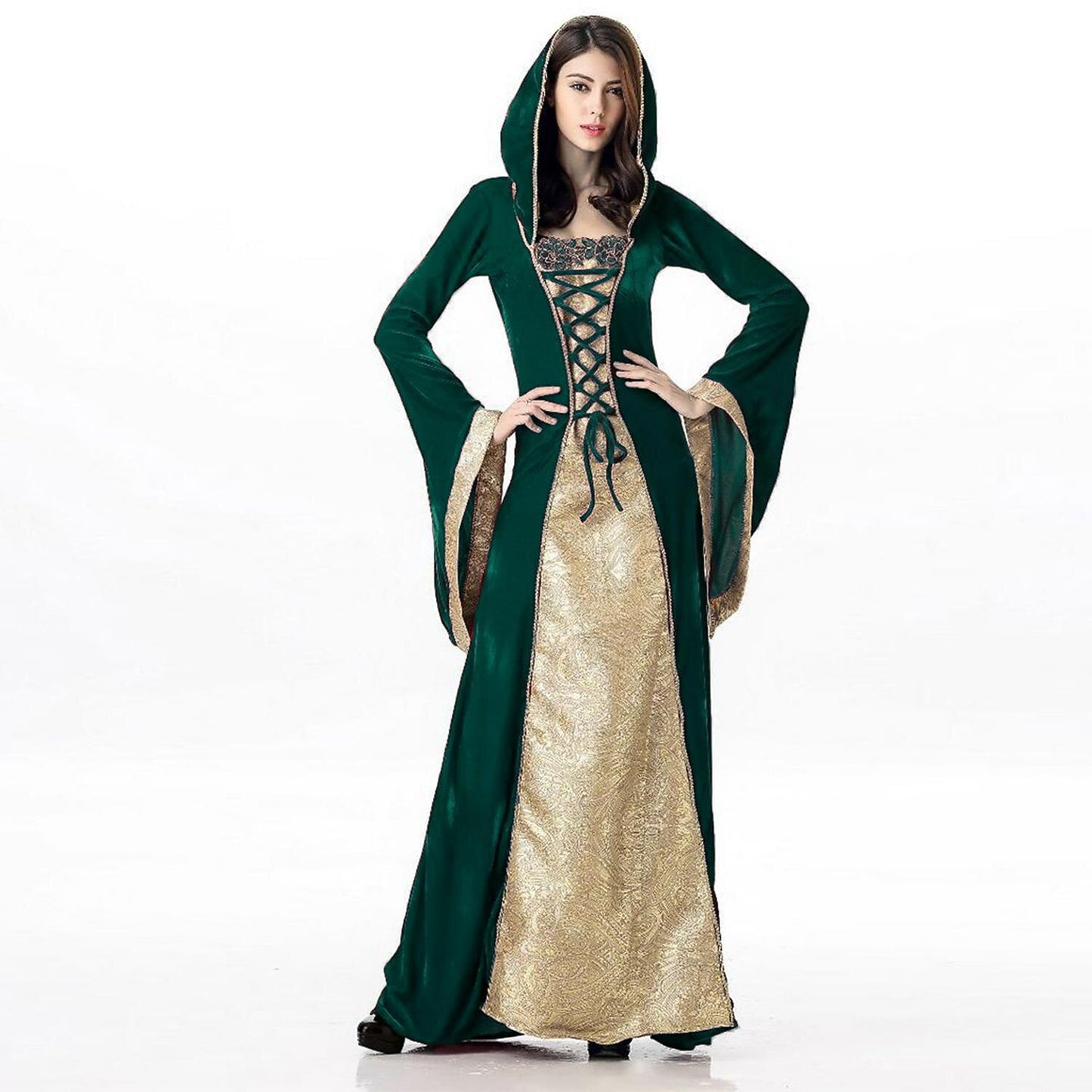 Medieval Lace-Up Hooded Velvet Gown