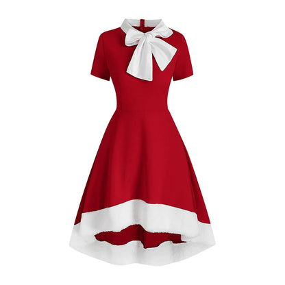 Bow Neck Asymmetrical Hem Xmas Dress