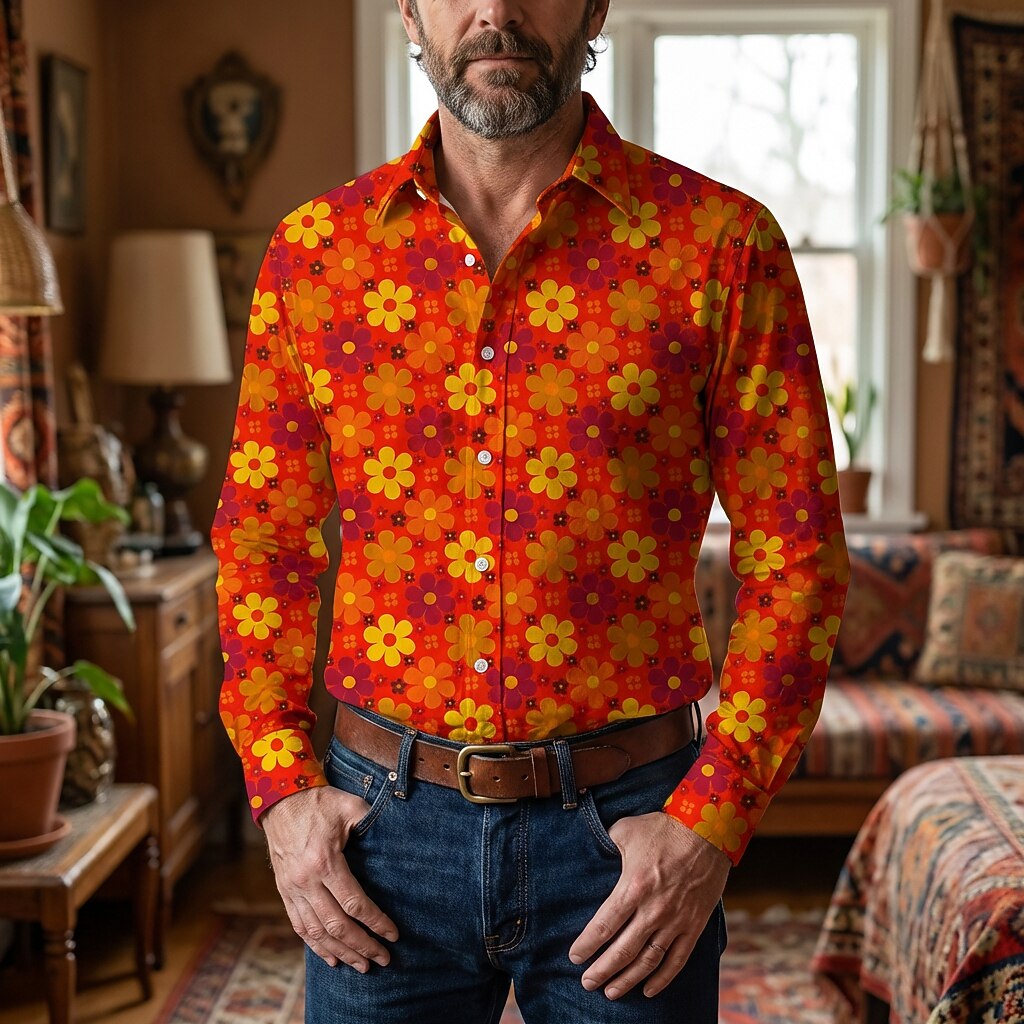 Retro 70S Groovy Floral Daisy Pattern Long Sleeves Collar Shirt