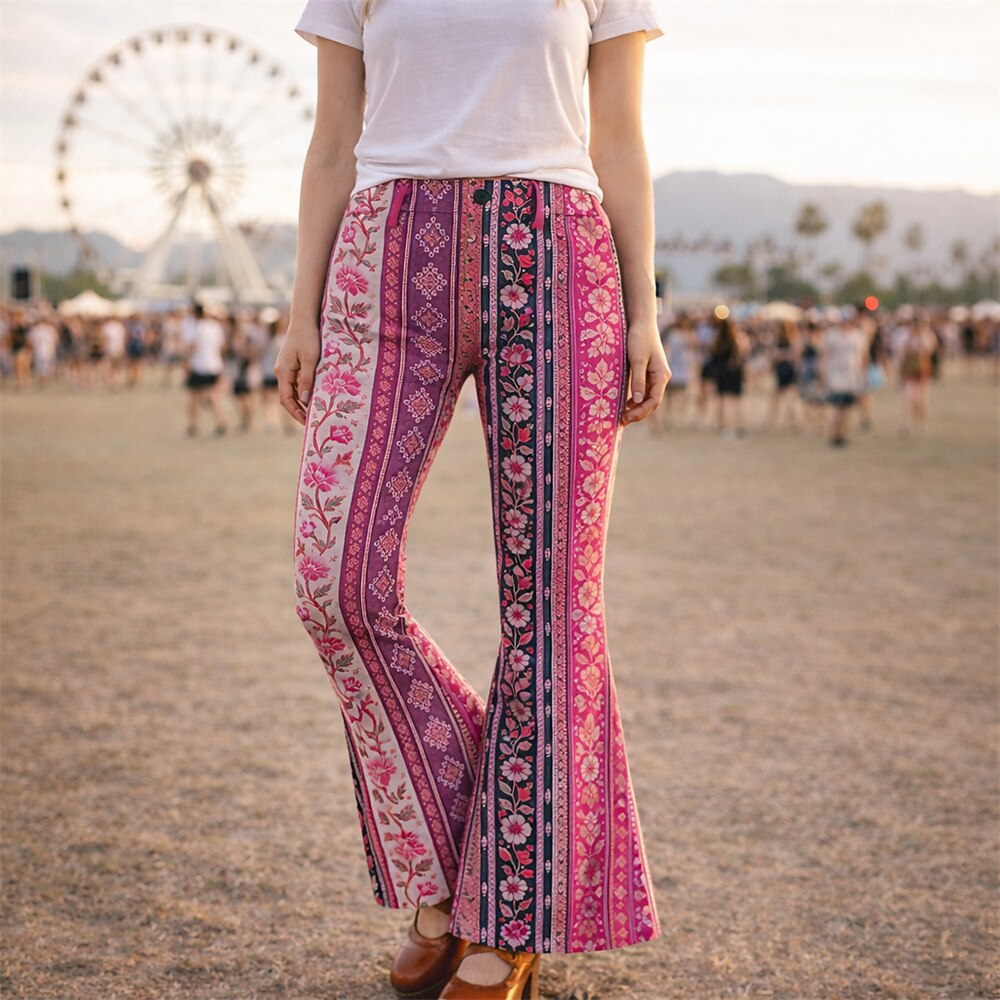 Retro 70s Ethnic Floral Striped High Waist Wide Flared Trousers