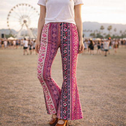 Retro 70s Ethnic Floral Striped High Waist Wide Flared Trousers