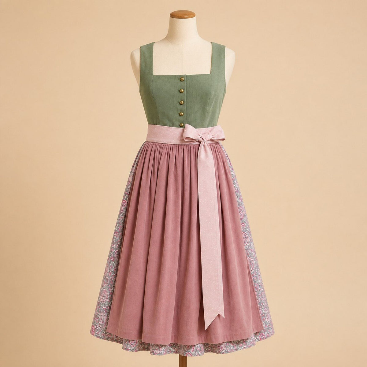Premium Sage Green & Dusty Rose Oktoberfest Dirndl and White Lace Blouse Set