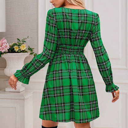 Plaid V-Neck Bow-Front Xmas Dress